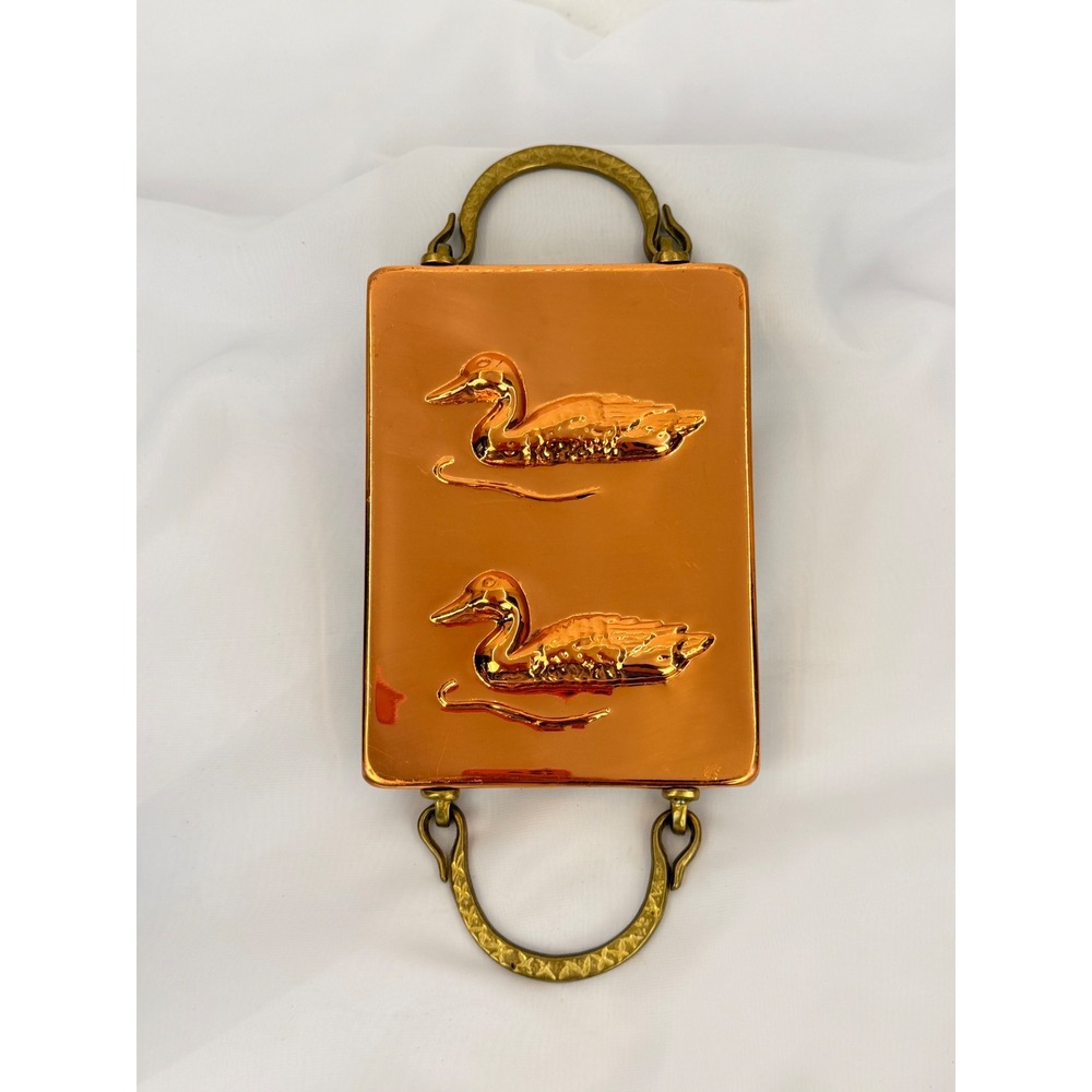 Vintage Copper Duck Mold Wall Hanging Decor Rectangle Two Ducks Brass Handles